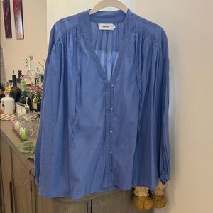 Women's Blue V-Neck Button-Front Blouse
